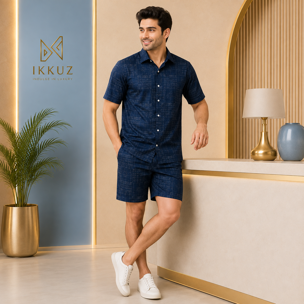 Men’s Premium Printed Night Suit Set | Cotton Blend Shirt &amp; Shorts | Stylish 2-Piece Nightwear Co-Ord Set
