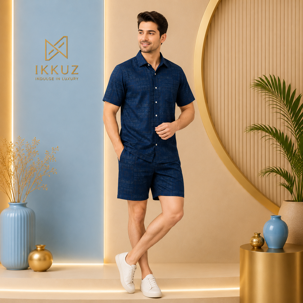 Men’s Premium Printed Night Suit Set | Cotton Blend Shirt &amp; Shorts | Stylish 2-Piece Nightwear Co-Ord Set