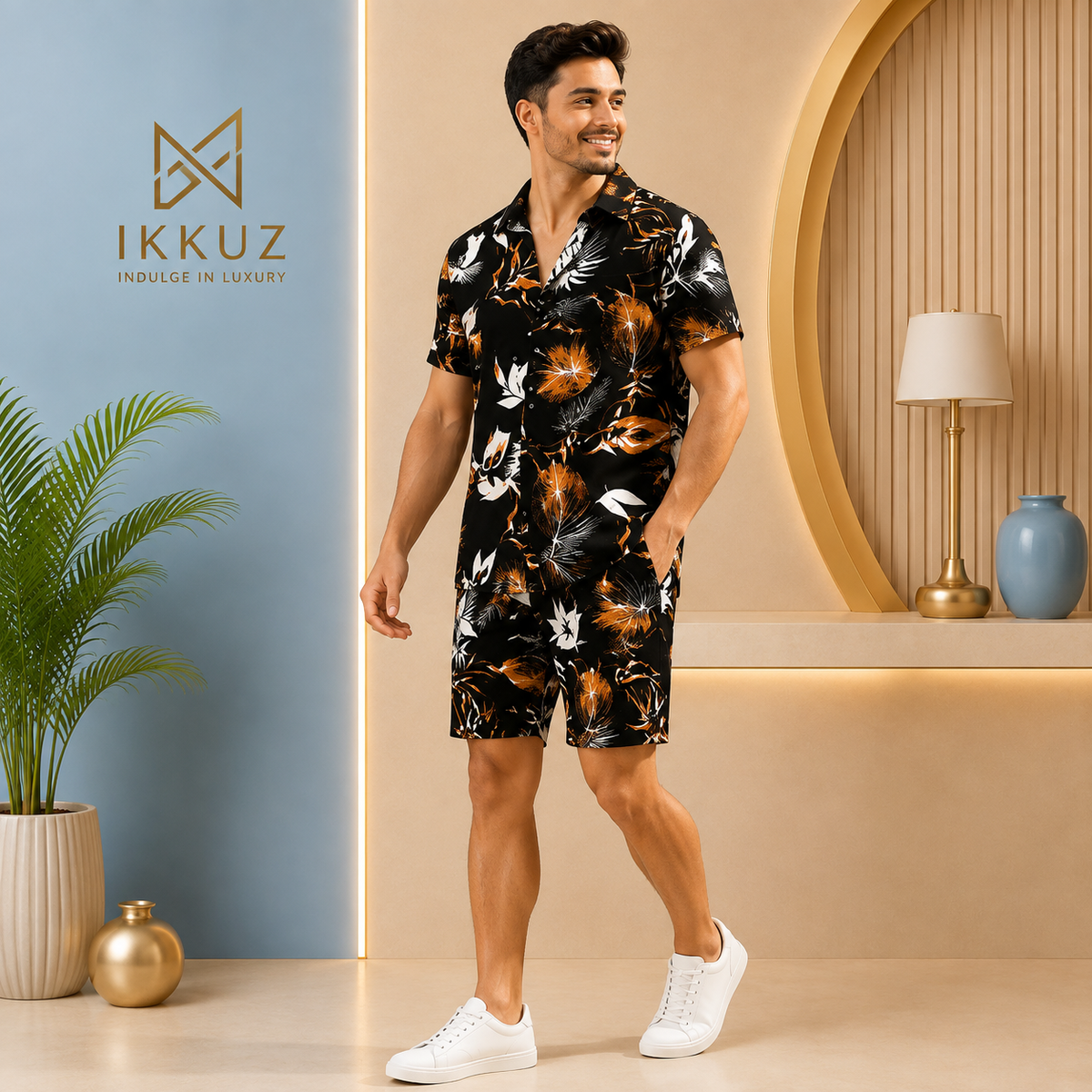 Men’s Premium Printed Co-Ord Night Suit | Lyocell Shirt &amp; Shorts Set | Stylish Casual Lounge &amp; Sleepwear