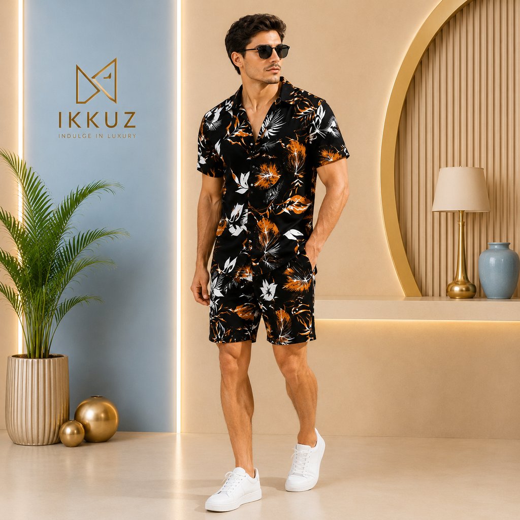 Men’s Premium Printed Co-Ord Night Suit | Lyocell Shirt &amp; Shorts Set | Stylish Casual Lounge &amp; Sleepwear