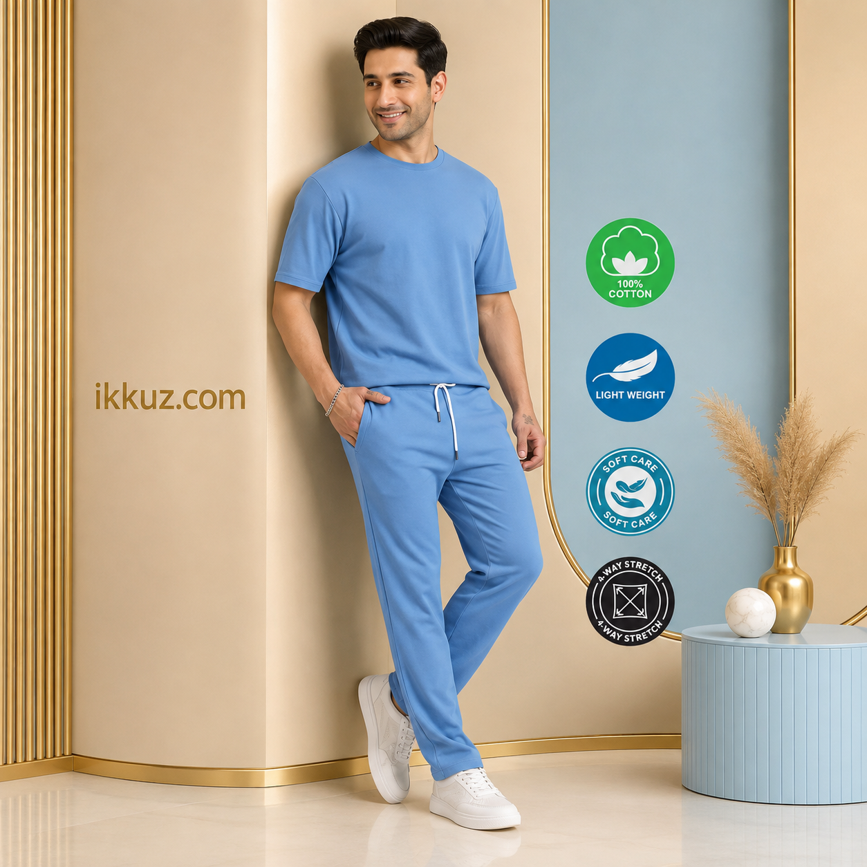 Men’s Premium Pure Cotton Blue Nightsuit Set | Comfortable T-Shirt &amp; Track Pants