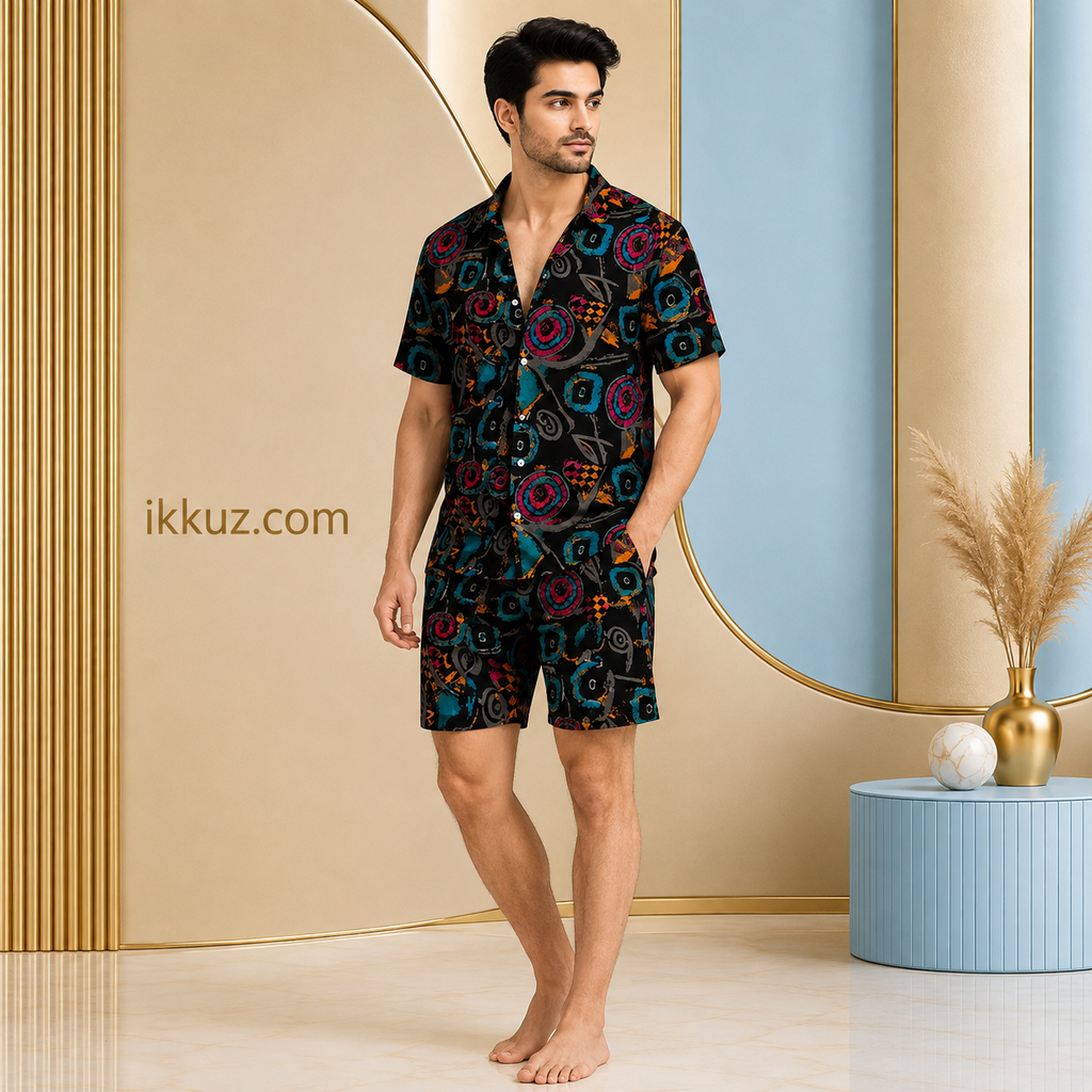 Stylish Abstract Printed Men's Co-Ord Set | Premium Shirt &amp; Shorts Night Suit | Casual, Lounge &amp; Vacation Wear