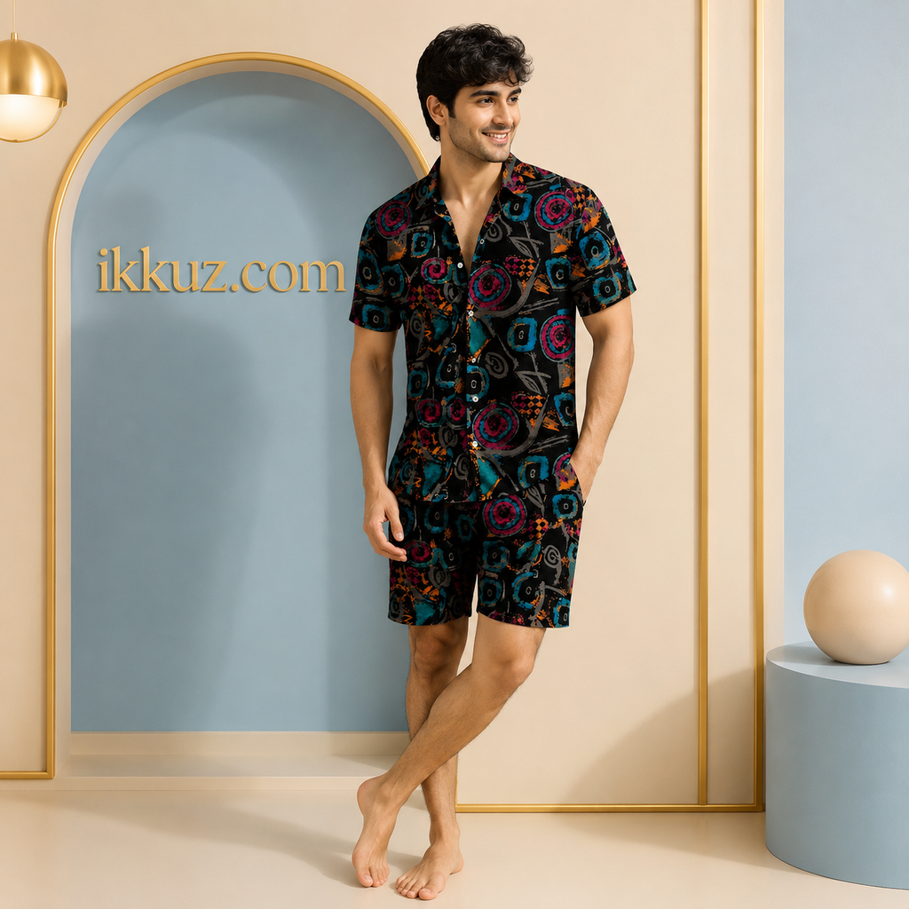 Stylish Abstract Printed Men's Co-Ord Set | Premium Shirt &amp; Shorts Night Suit | Casual, Lounge &amp; Vacation Wear