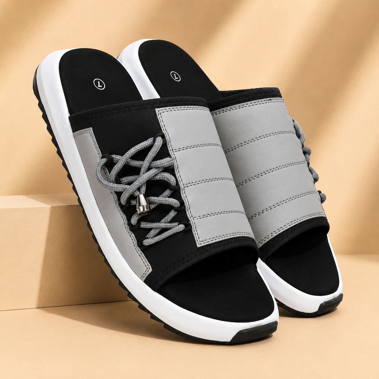 Men's Ultra Comfort PU Slide Sandals | Lightweight Casual Slip-On Slippers | Everyday Wear | Beige &amp; Black