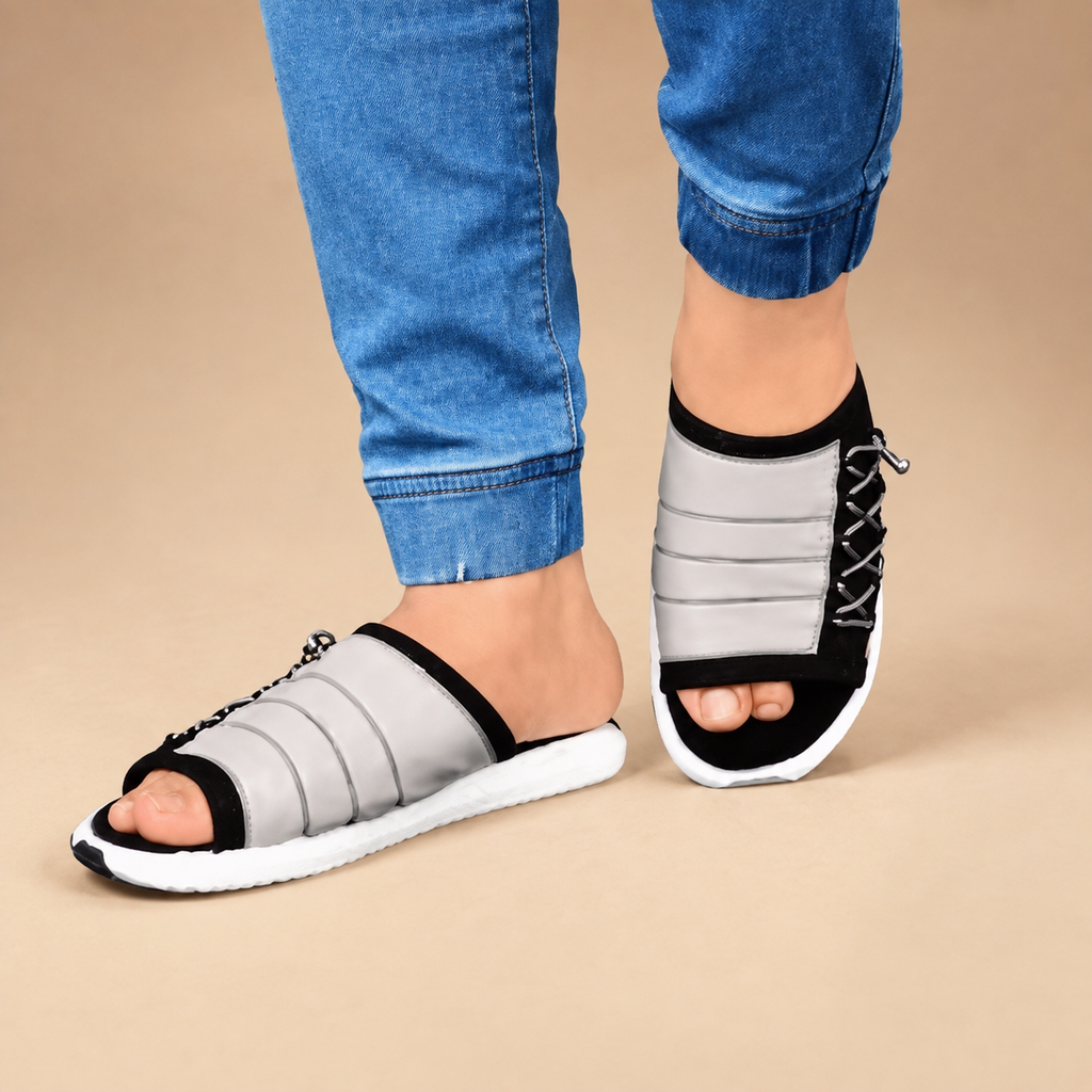 Men's Ultra Comfort PU Slide Sandals | Lightweight Casual Slip-On Slippers | Everyday Wear | Beige &amp; Black