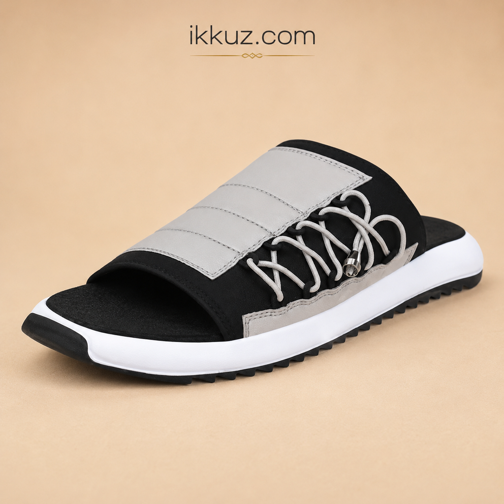 Men's Ultra Comfort PU Slide Sandals | Lightweight Casual Slip-On Slippers | Everyday Wear | Beige &amp; Black