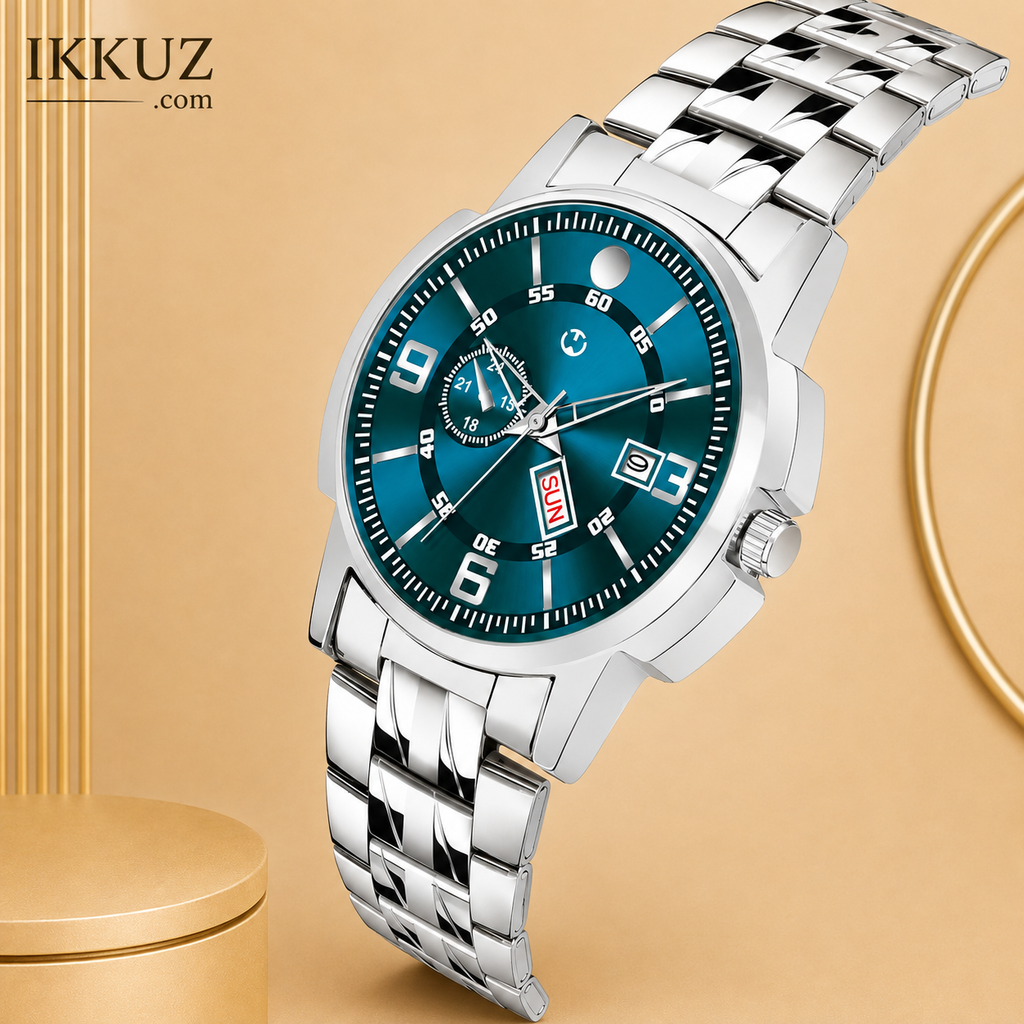 Premium Silver Stainless Steel Chain Analog Watch for Men &amp; Boys | Green Dial Quartz Wrist Watch | Waterproof Casual &amp; Formal Watch | Luxury Round Dial