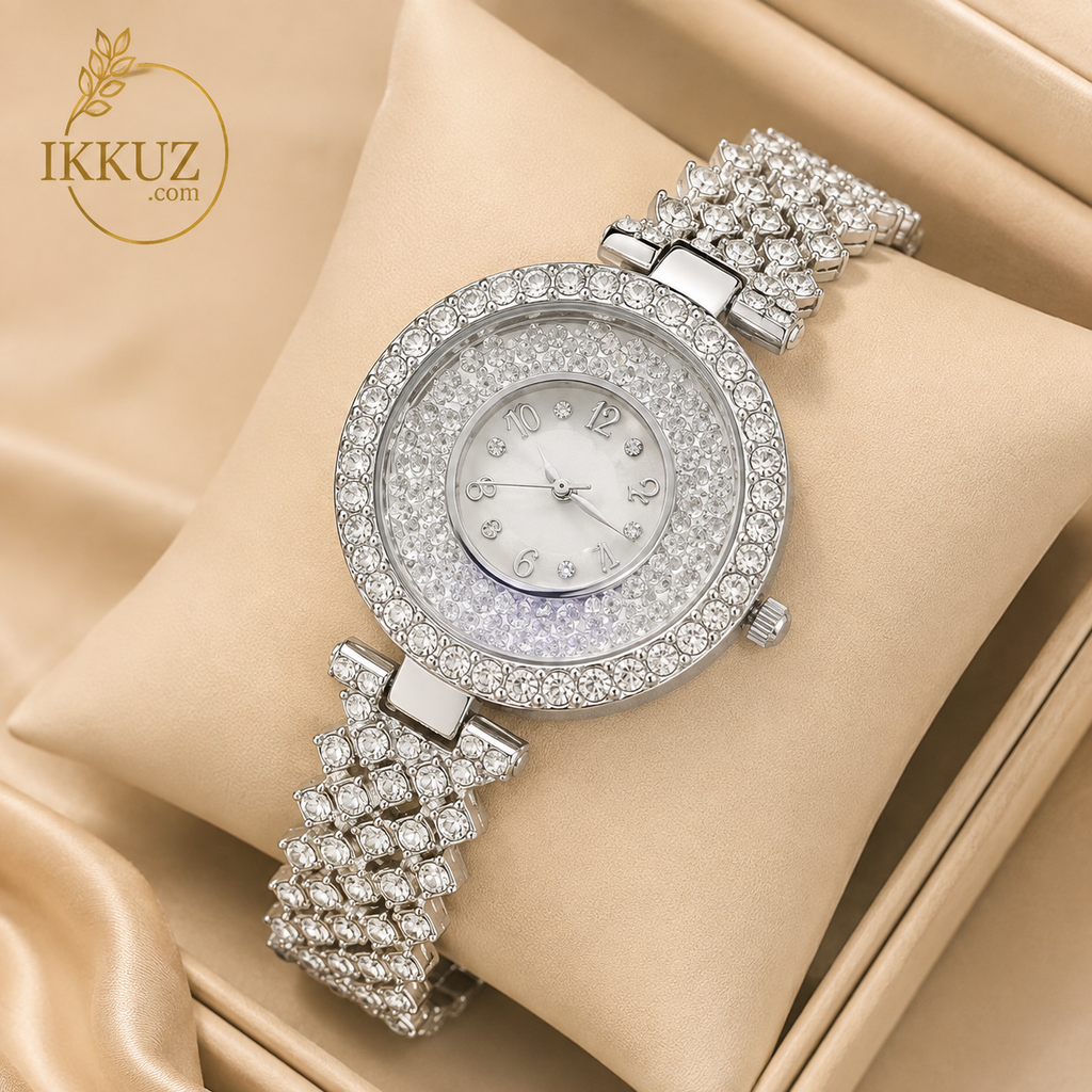 Premium Women’s &amp; Girls’ Diamond-Style Round Dial Analog Quartz Watch – Elegant Metal Bracelet Wristwatch