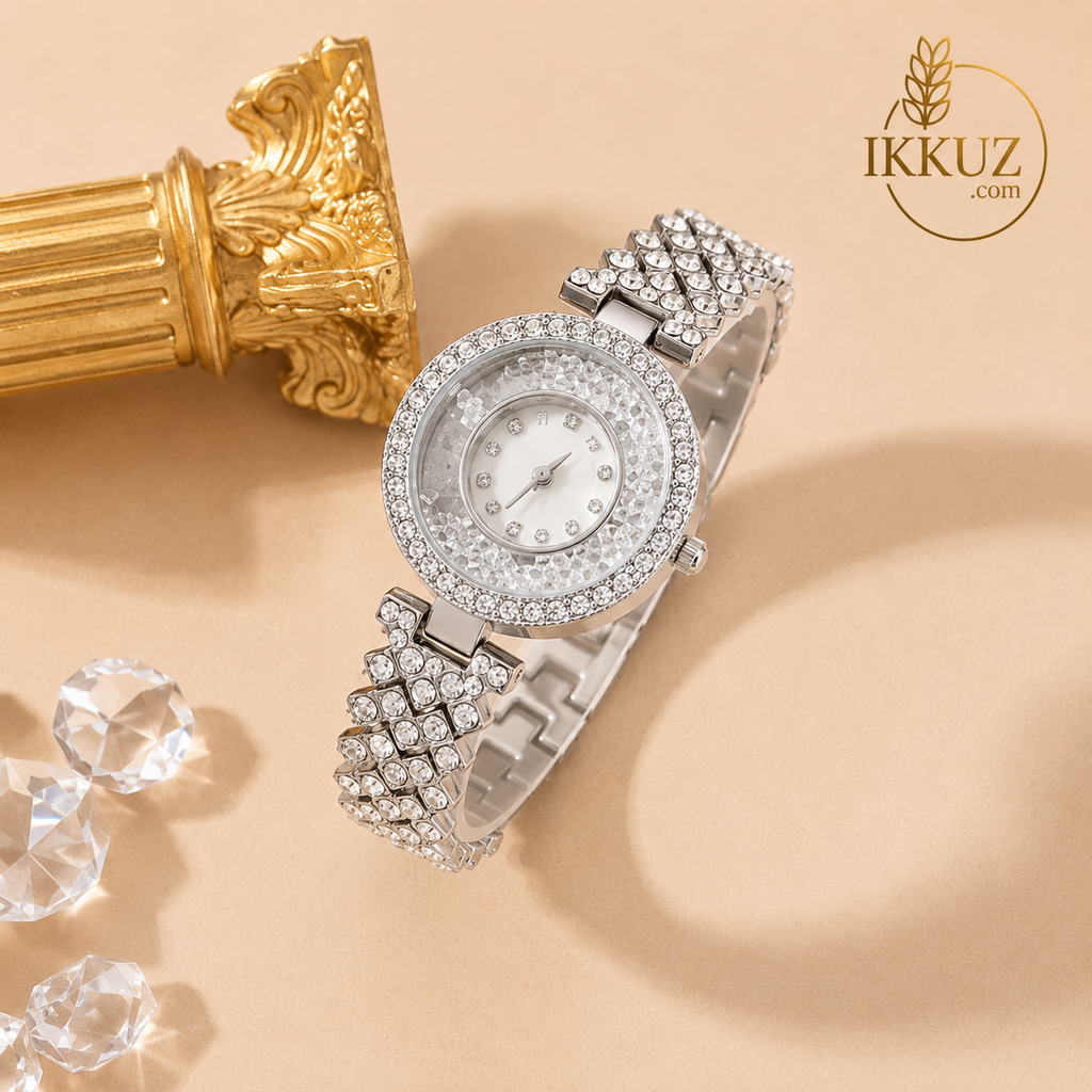 Premium Women’s &amp; Girls’ Diamond-Style Round Dial Analog Quartz Watch – Elegant Metal Bracelet Wristwatch