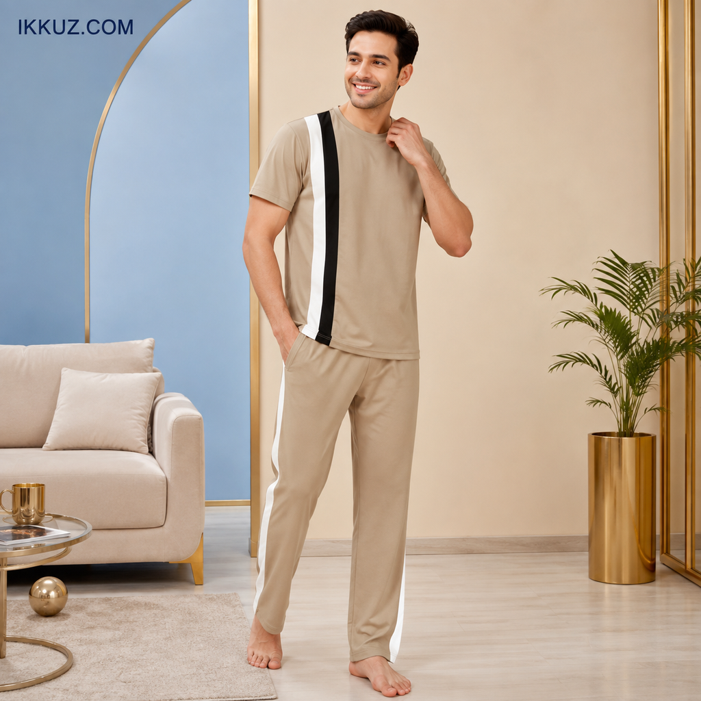 Men’s Premium Striped Lycra Night Suit Set – Short Sleeve T-Shirt &amp; Track Pants