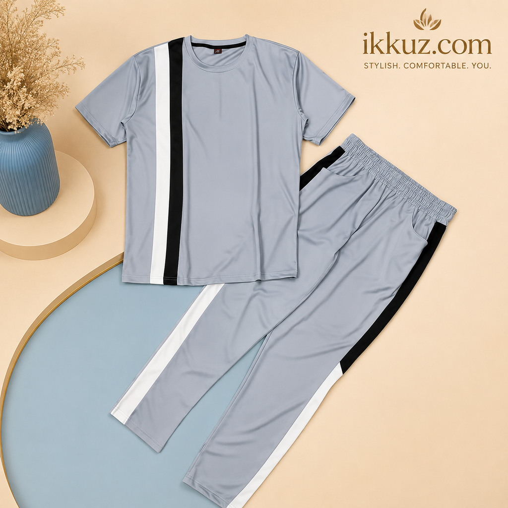 Men’s Premium Striped Lycra Night Suit Set – Short Sleeve T-Shirt &amp; Track Pants
