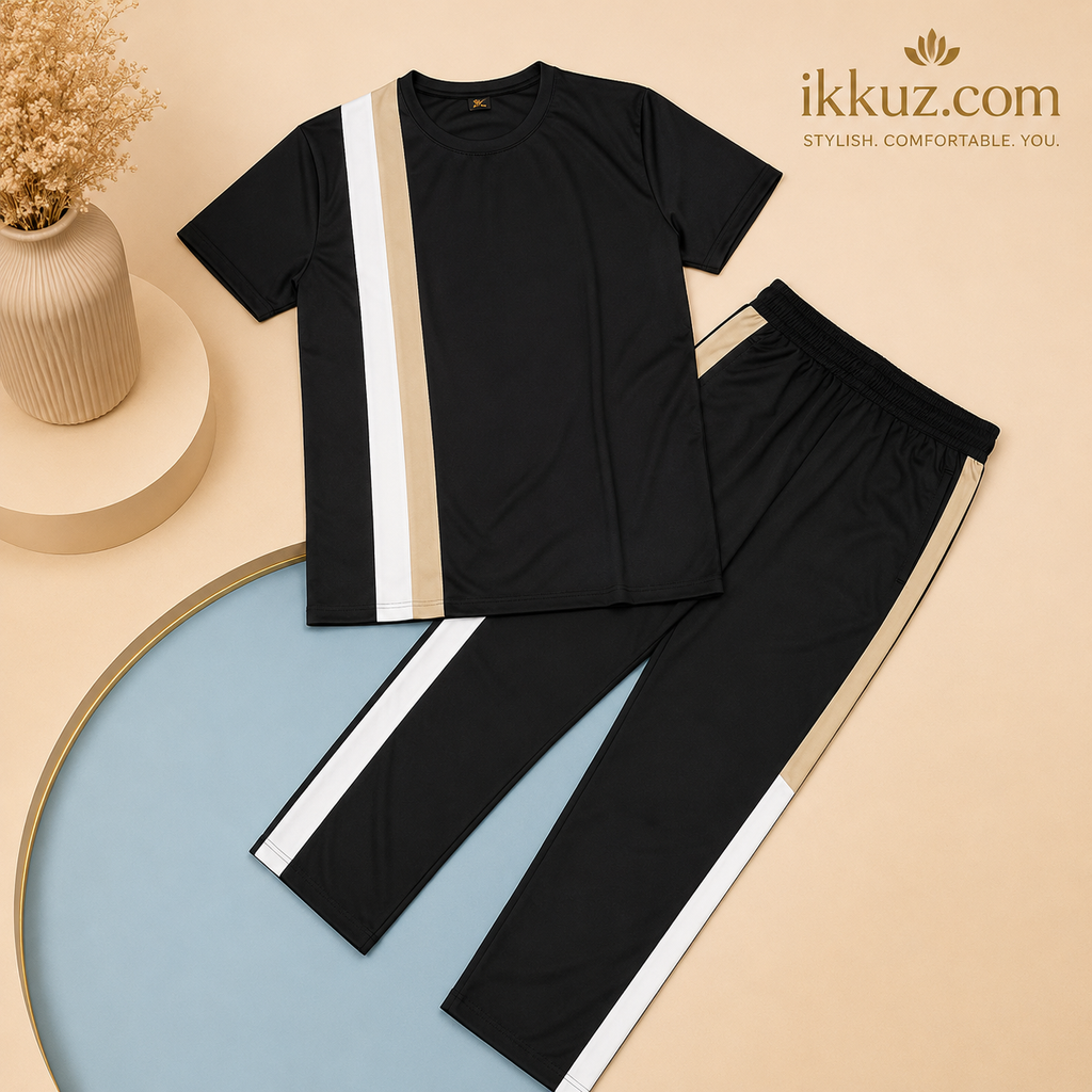 Men’s Premium Striped Lycra Night Suit Set – Short Sleeve T-Shirt &amp; Track Pants