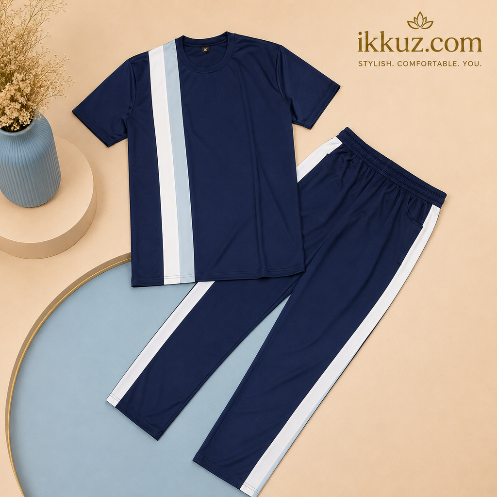 Men’s Premium Striped Lycra Night Suit Set – Short Sleeve T-Shirt &amp; Track Pants