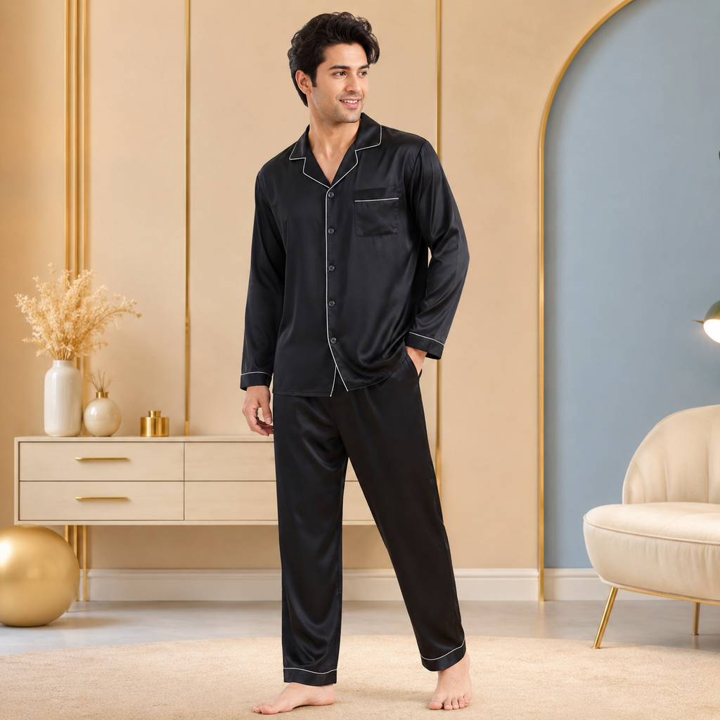 Men’s Premium Satin Loungewear Set | Full Sleeve Night Suit with Elastic Pyjama | Soft &amp; Comfortable Sleepwear