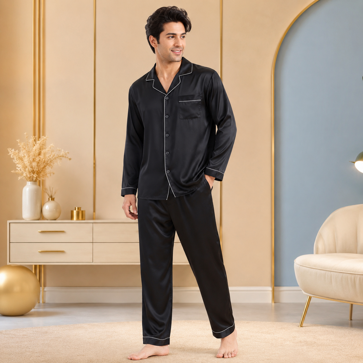 Men’s Premium Satin Loungewear Set | Full Sleeve Night Suit with Elastic Pyjama | Soft &amp; Comfortable Sleepwear