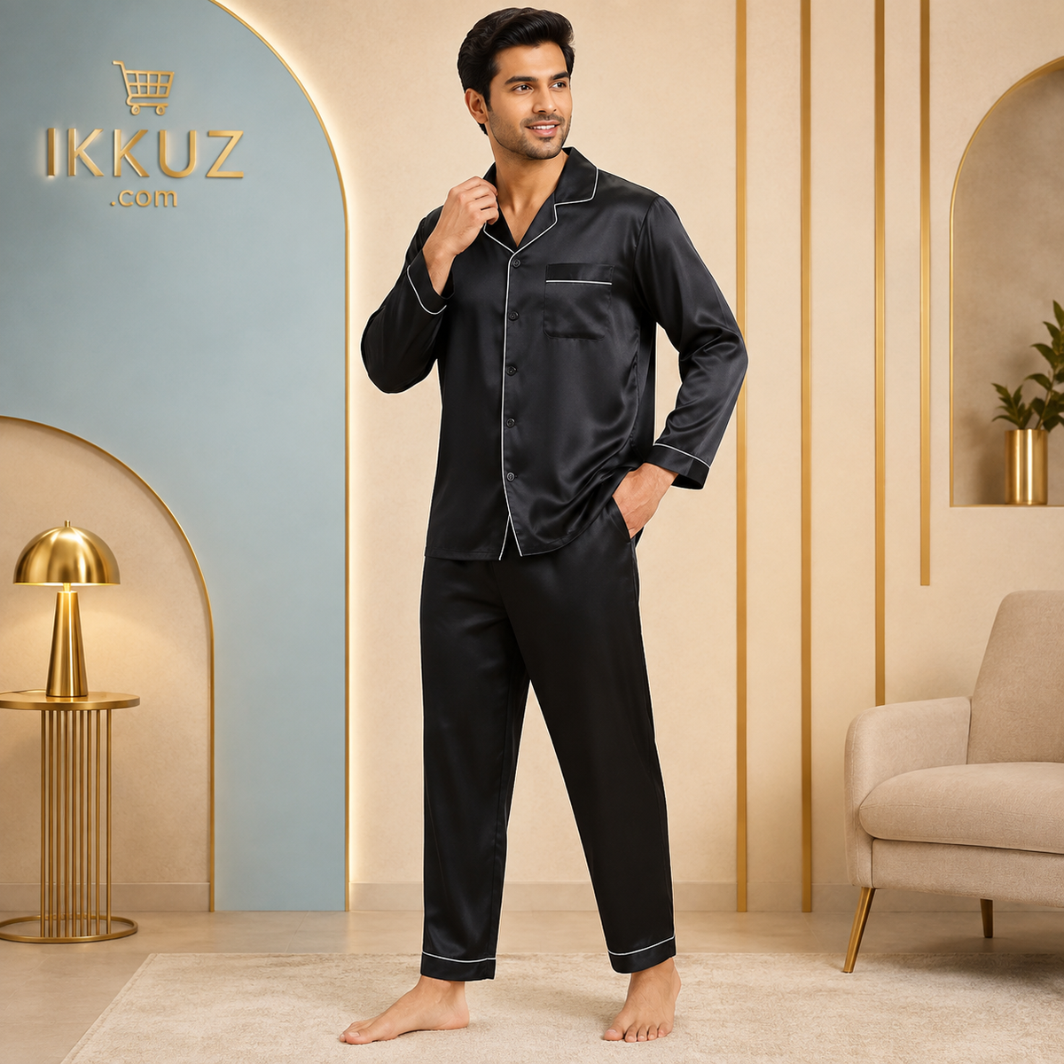 Men’s Premium Satin Loungewear Set | Full Sleeve Night Suit with Elastic Pyjama | Soft &amp; Comfortable Sleepwear