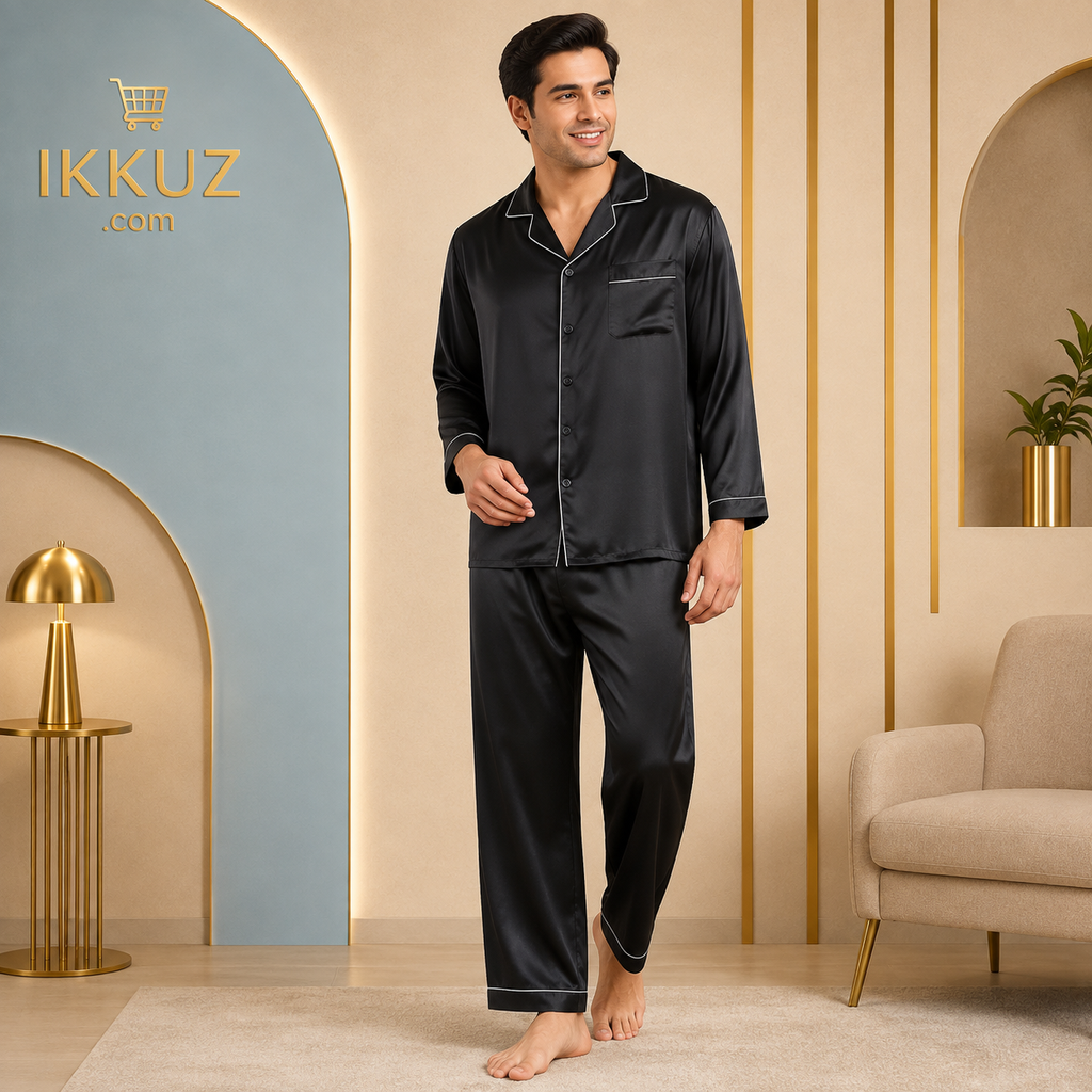 Men’s Premium Satin Loungewear Set | Full Sleeve Night Suit with Elastic Pyjama | Soft &amp; Comfortable Sleepwear