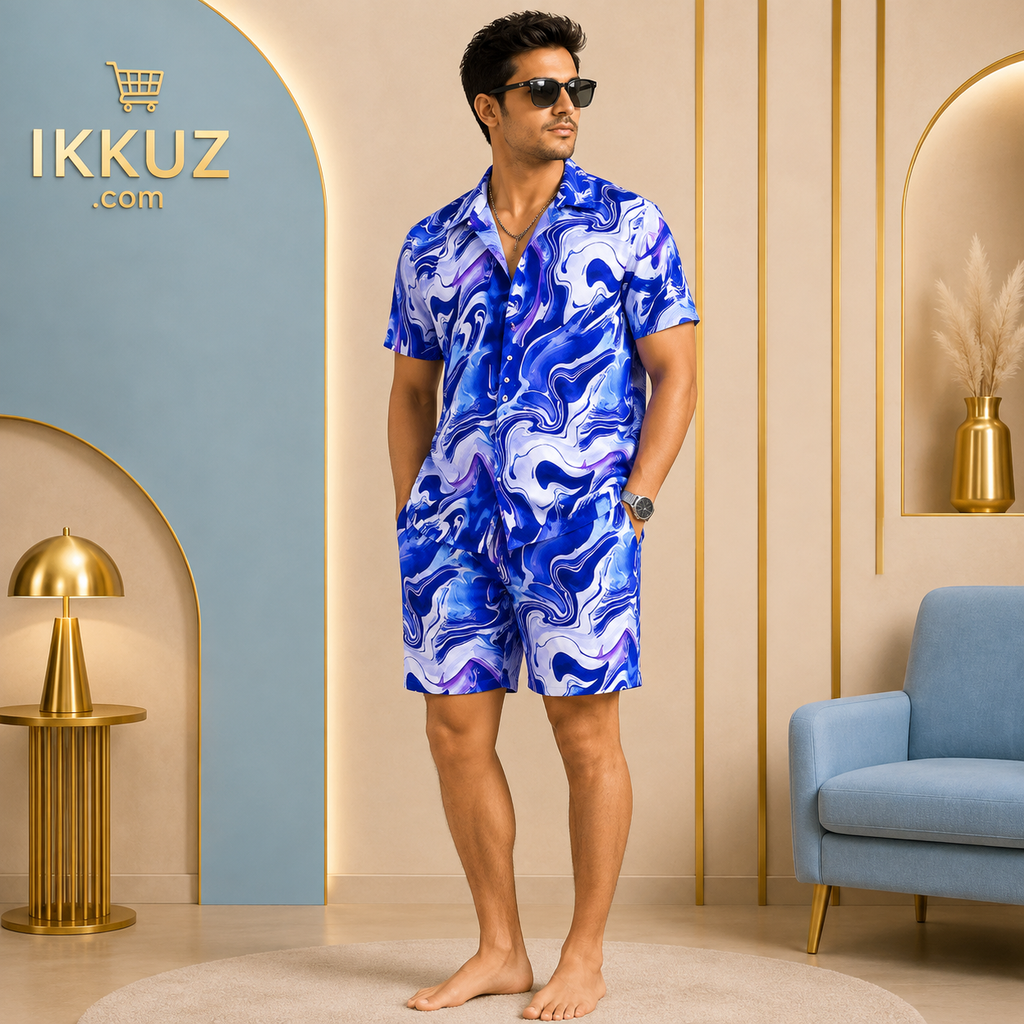 Blue Marble Printed Men’s Co-Ord Set