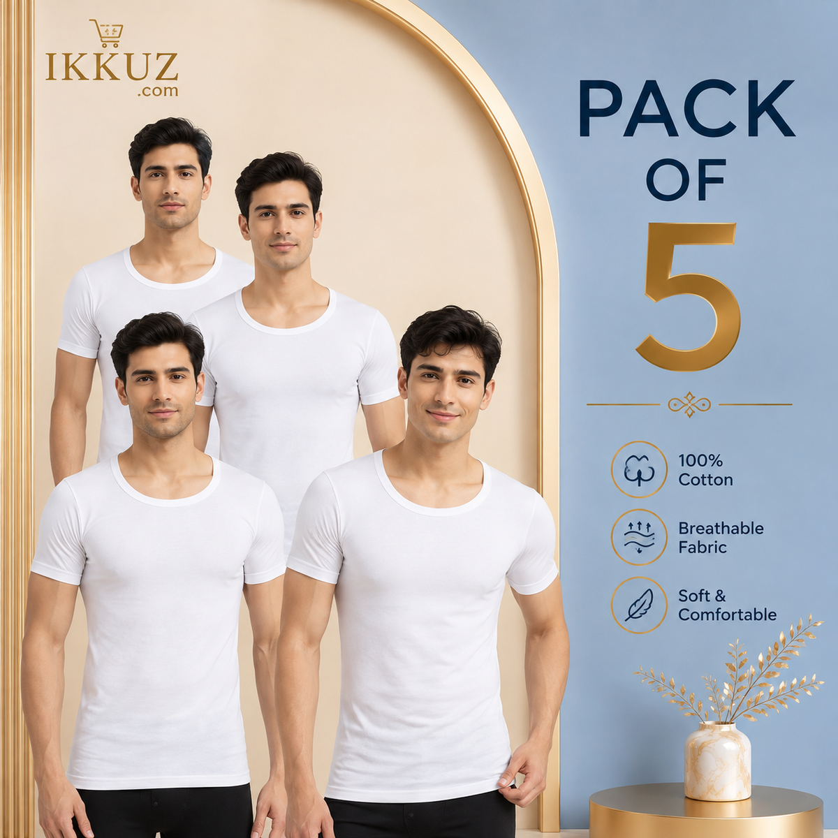 Men’s Premium 100% Cotton Round Neck Extended Fit Inner T-Shirt – Pack of 5