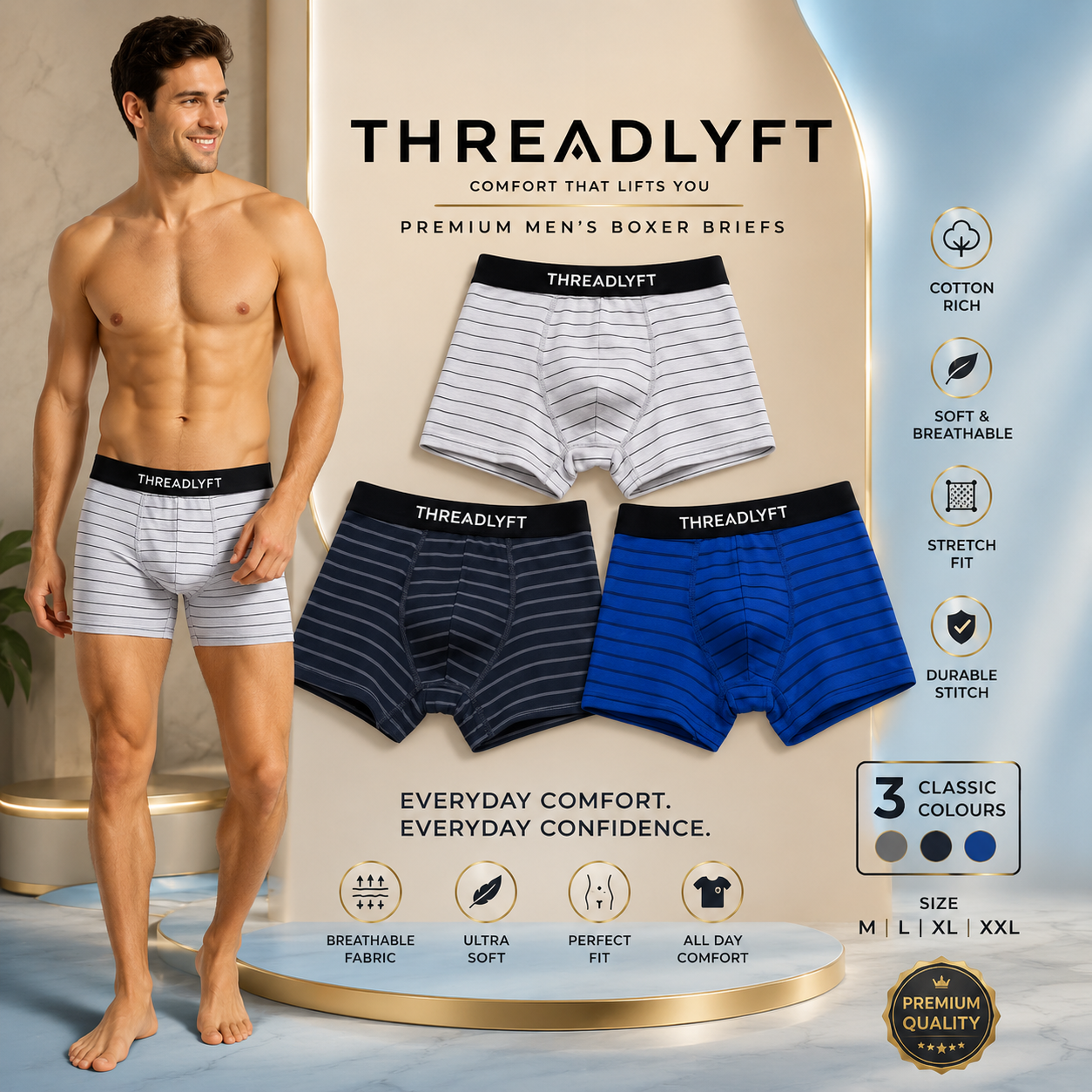 Threadlyft Premium Cotton Striped Boxer Briefs