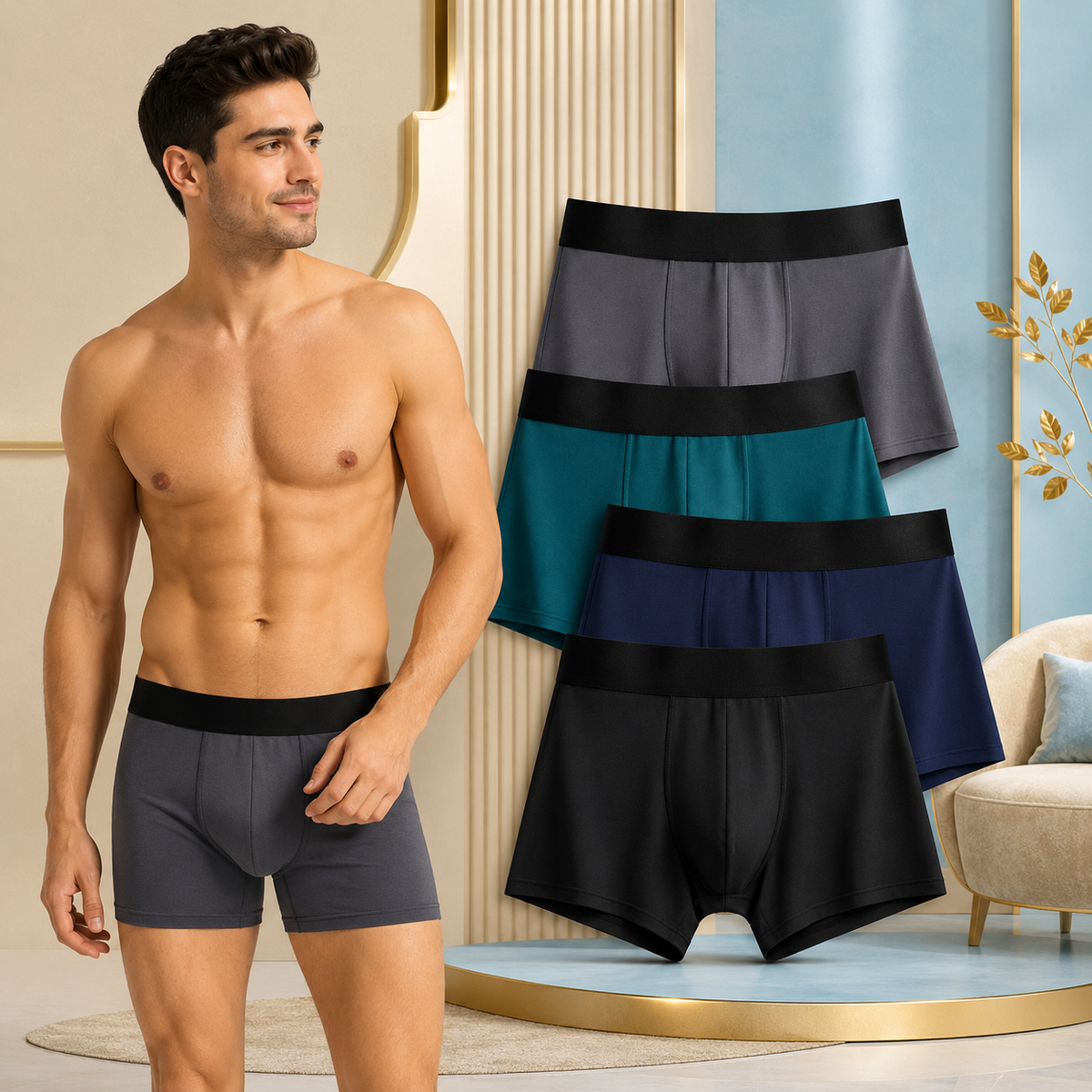 Men’s Premium Comfort Boxer Shorts – Pack of 4 | Cotton Blend Stretchable Innerwear | Multicolor Regular Fit