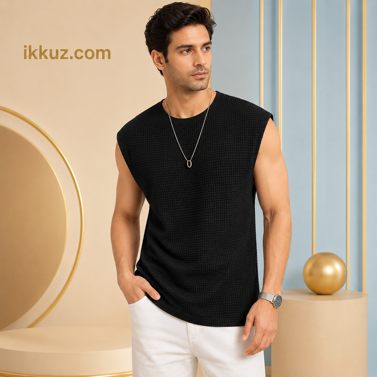 Men’s Premium Waffle Knit Vest – Stylish Round Neck Sleeveless Casual Innerwear
