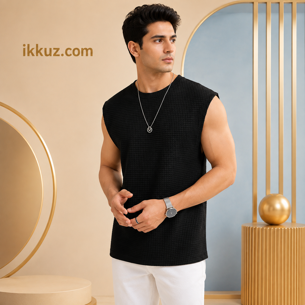 Men’s Premium Waffle Knit Vest – Stylish Round Neck Sleeveless Casual Innerwear