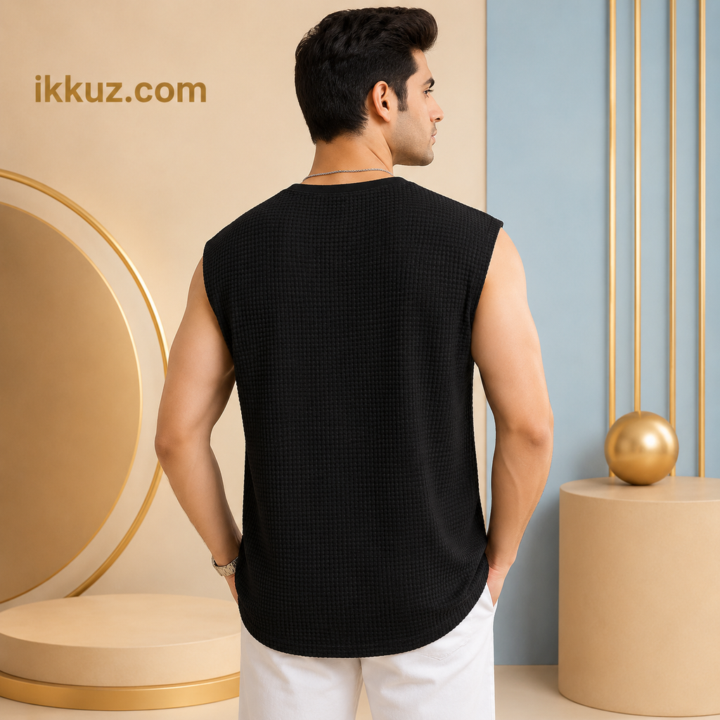 Men’s Premium Waffle Knit Vest – Stylish Round Neck Sleeveless Casual Innerwear
