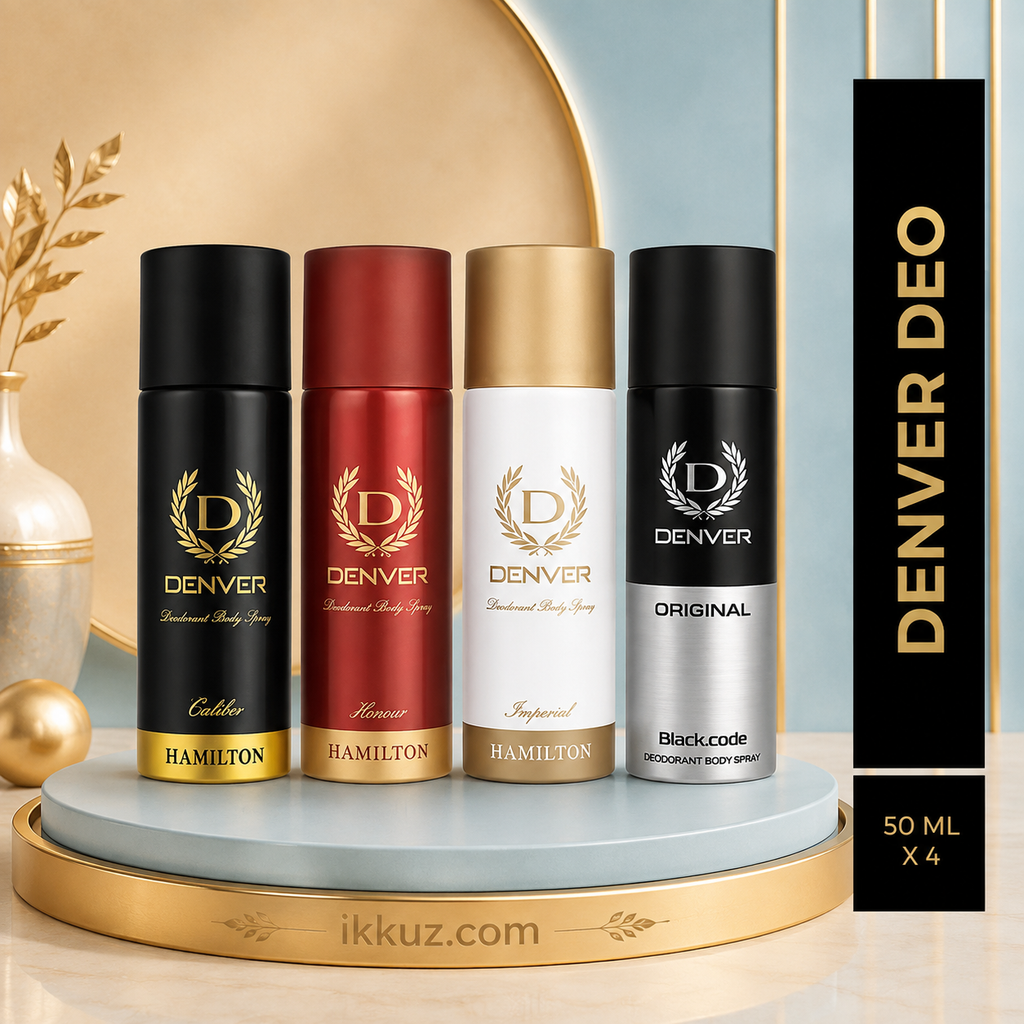 DENVER Men’s Premium Deo Combo Pack – Black Code, Caliber, Honour &amp; Imperial | 50ml × 4 | Long-Lasting Deodorant Body Spray