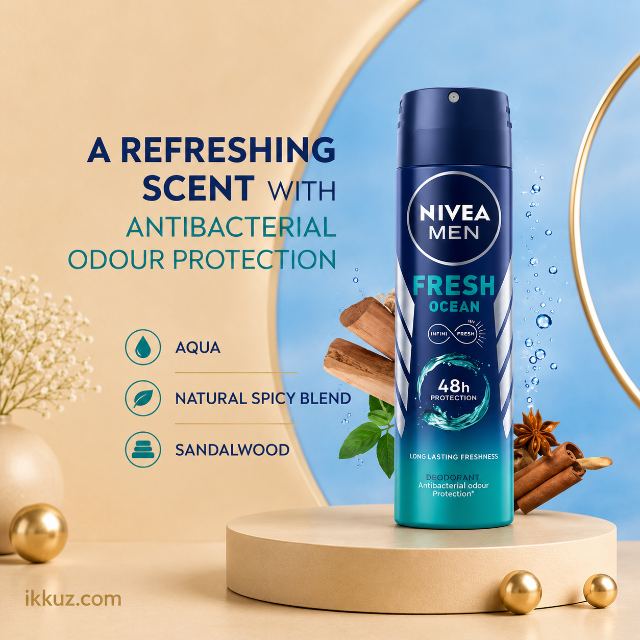 نيفيا للرجال مزيل عرق فريش أوشن سبراي 150 مل | حماية من الروائح الكريهة تدوم 48 ساعة | انتعاش يدوم طويلاً