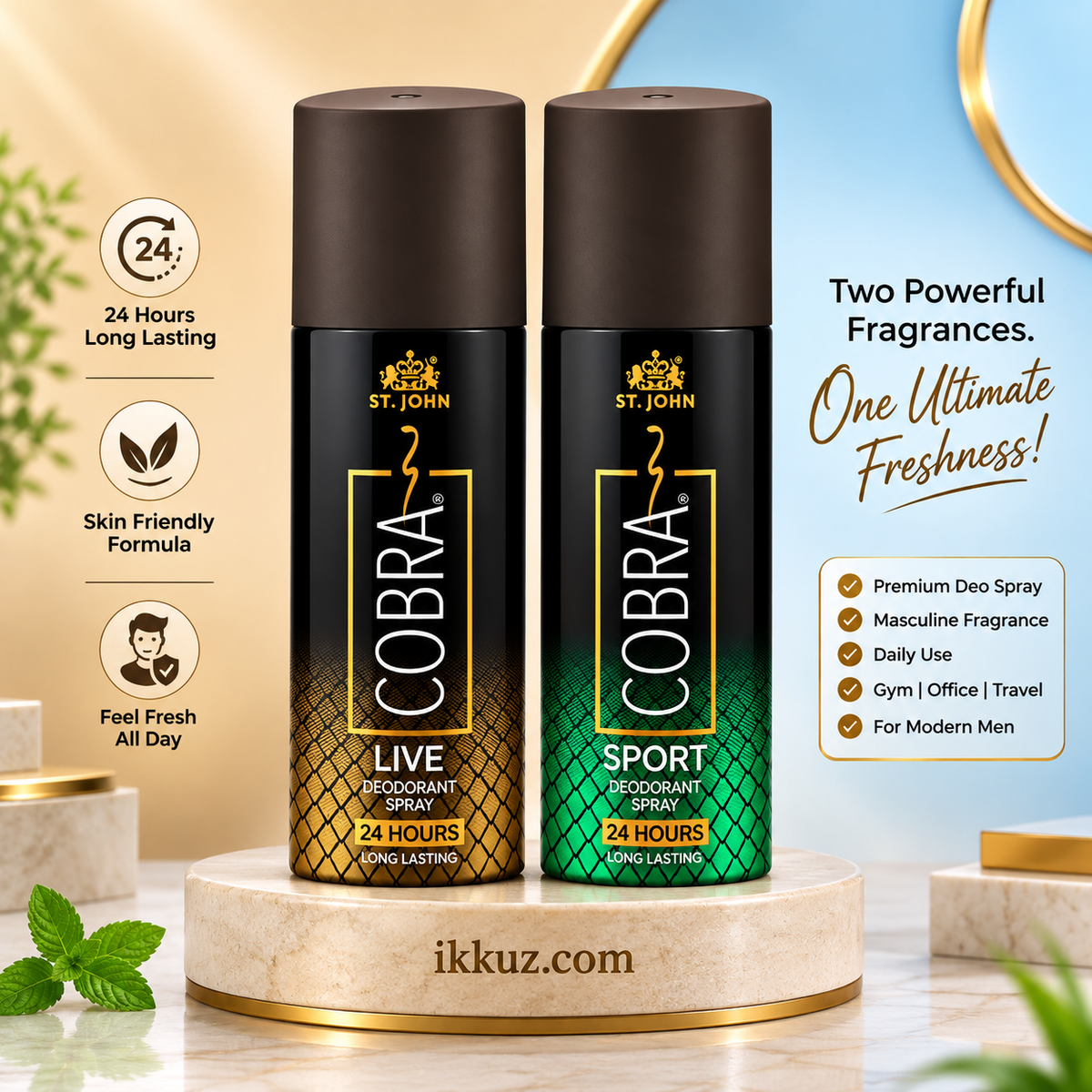 ST. JOHN Cobra Deo Live &amp; Sports 150ml Each | 24H Long-Lasting Freshness | Deodorant Spray for Men &amp; Women | Pack of 2