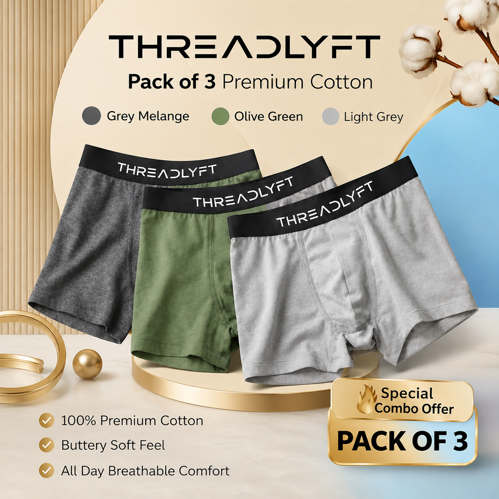 Threadlyft Men’s Premium Cotton Comfort Boxer Briefs – Pack of 3