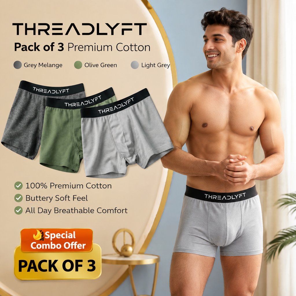 Threadlyft Men’s Premium Cotton Comfort Boxer Briefs – Pack of 3