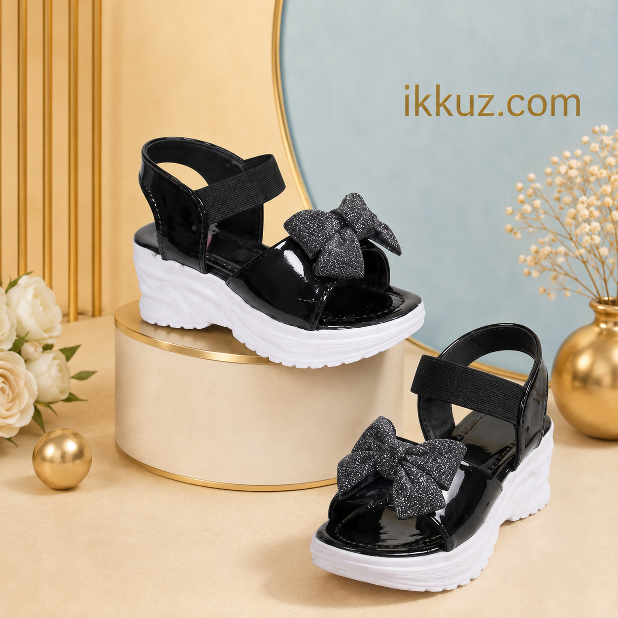 Trendy Sparkle Bow Girls Sandals | Stylish Kids Platform Sandals | Comfortable Lightweight Party &amp; Daily Wear Sandals with Velcro Strap
