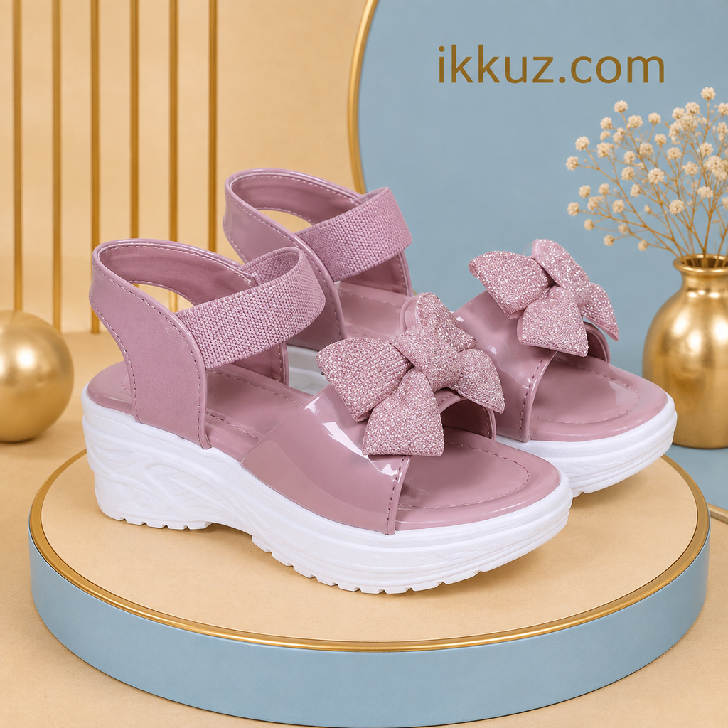 Trendy Sparkle Bow Girls Sandals | Stylish Kids Platform Sandals | Comfortable Lightweight Party &amp; Daily Wear Sandals with Velcro Strap