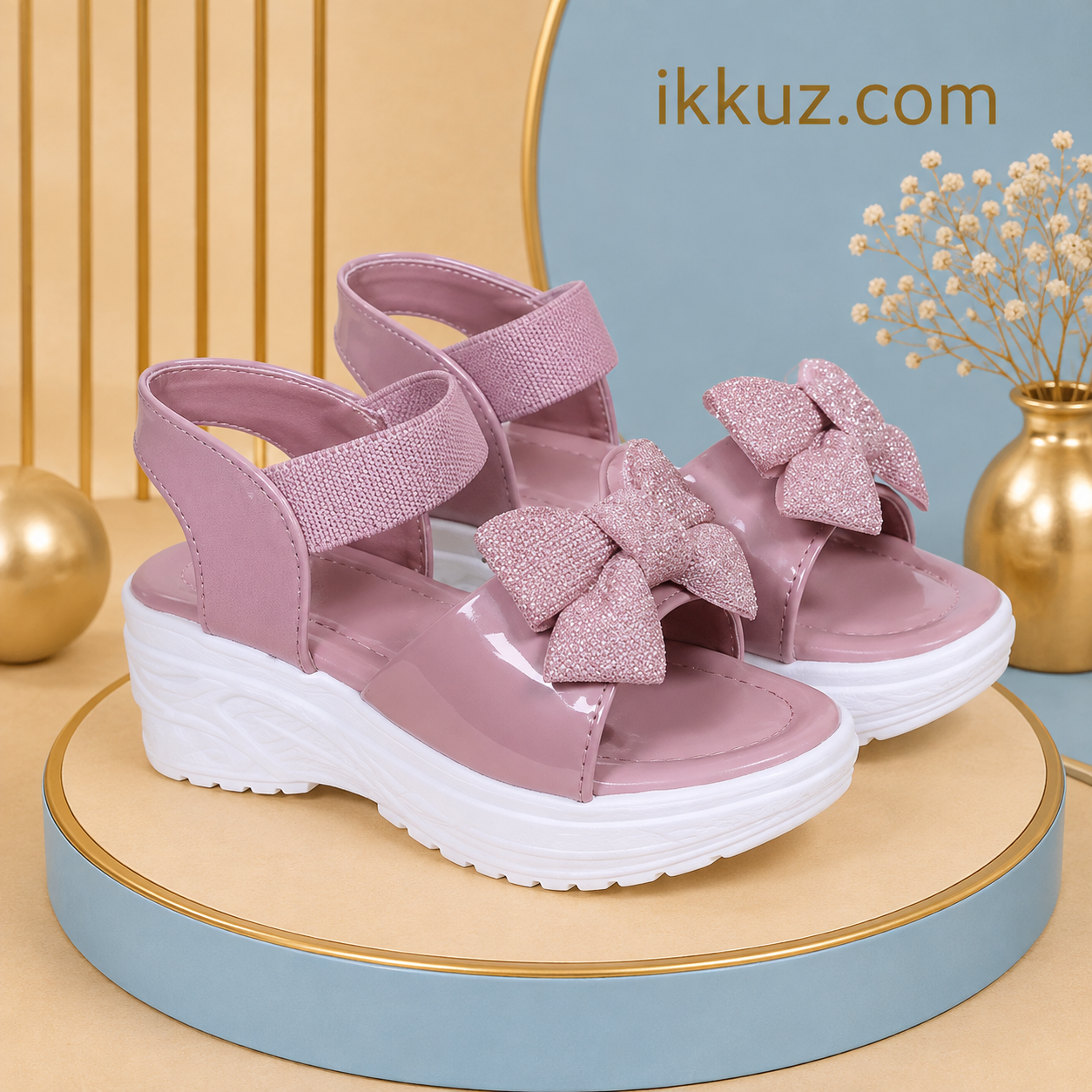 Trendy Sparkle Bow Girls Sandals | Stylish Kids Platform Sandals | Comfortable Lightweight Party &amp; Daily Wear Sandals with Velcro Strap