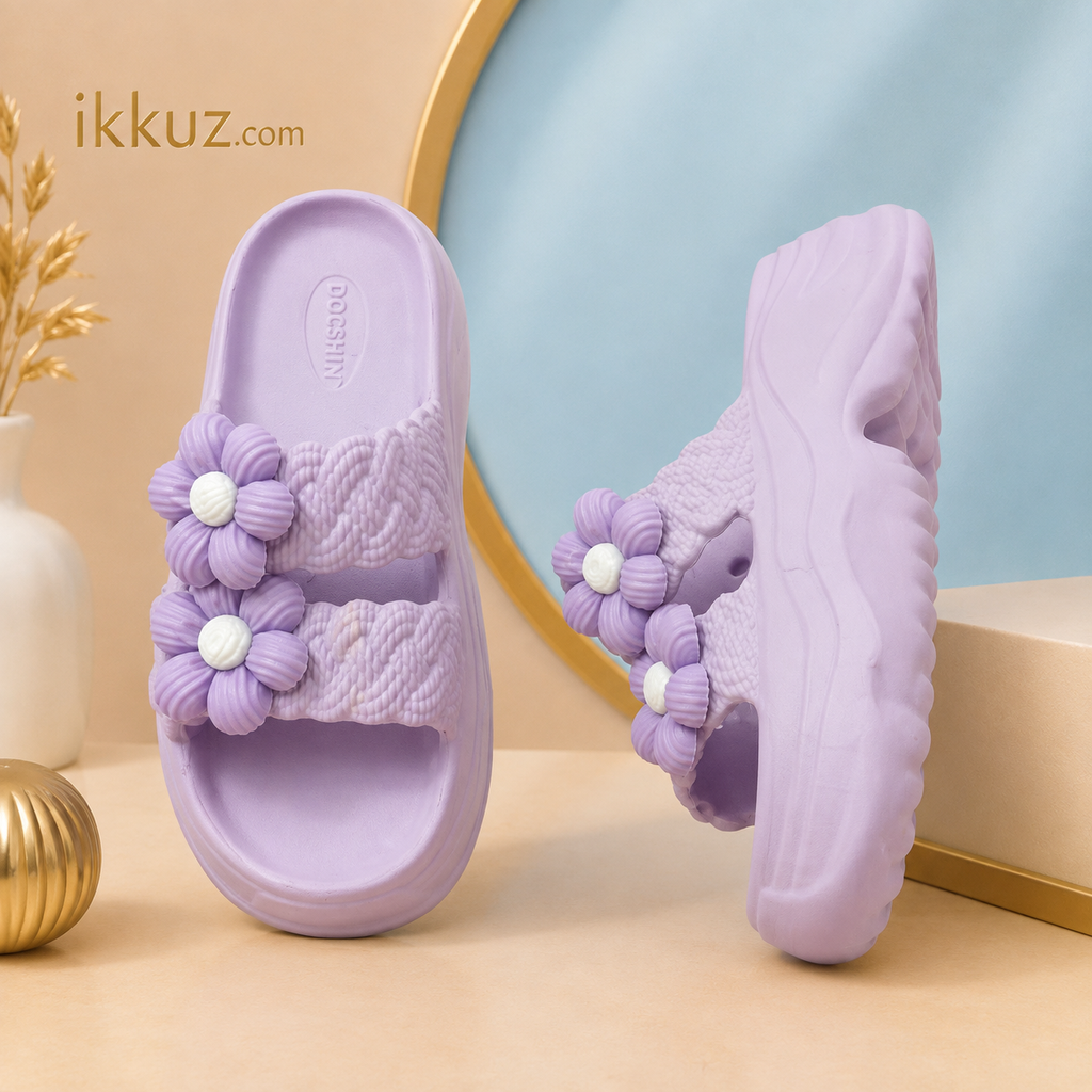 Girls 3D Flower Platform Sliders – Soft EVA Lightweight Floral Sandals