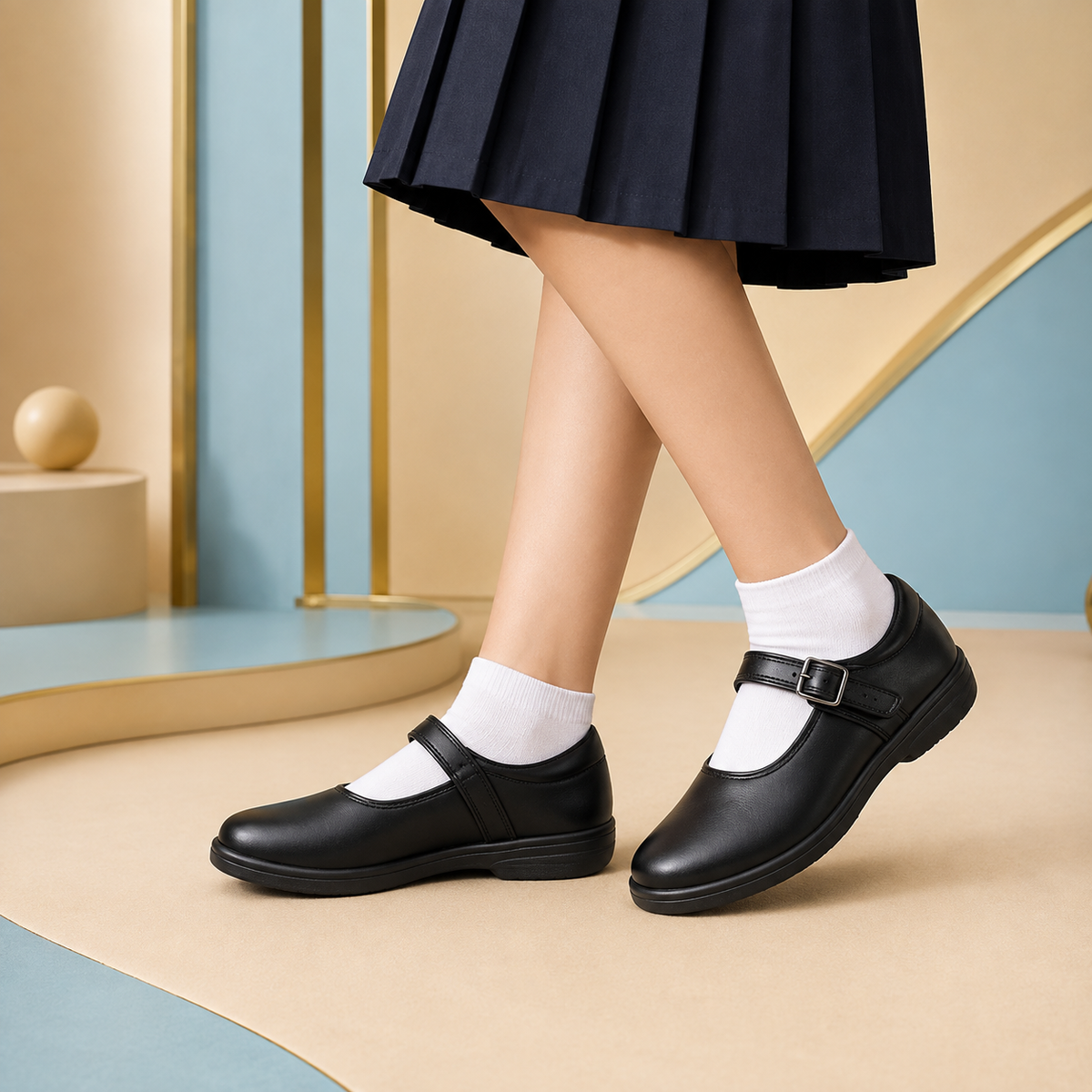 Girls Classic Black School Shoes – Buckle Strap, Cushioned &amp; Anti-Slip Sole