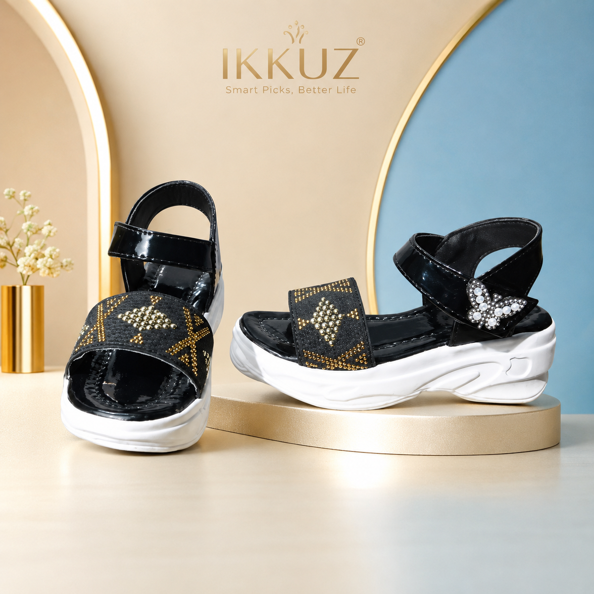 Girls Party Wear Embellished Sandal | Stylish Velcro Sandals for Kids