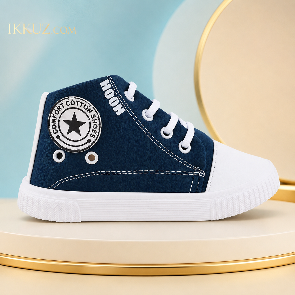 HOOH Trendy Kids Canvas Shoes – Stylish White &amp; Blue Memory Foam Sneakers
