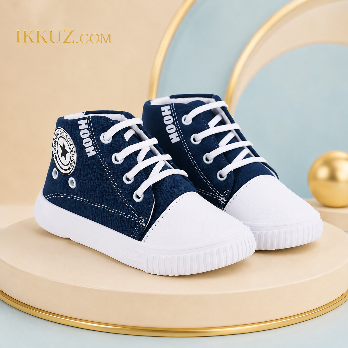 HOOH Trendy Kids Canvas Shoes – Stylish White &amp; Blue Memory Foam Sneakers