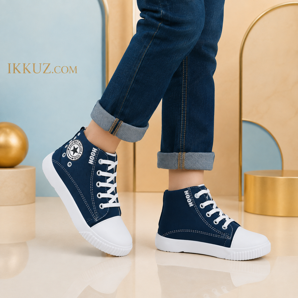 HOOH Trendy Kids Canvas Shoes – Stylish White &amp; Blue Memory Foam Sneakers