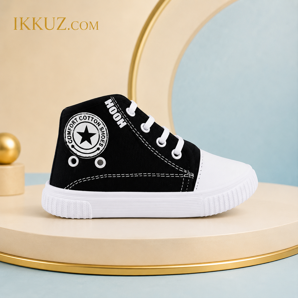 HOOH Trendy Kids Canvas Shoes – Stylish White &amp; Blue Memory Foam Sneakers