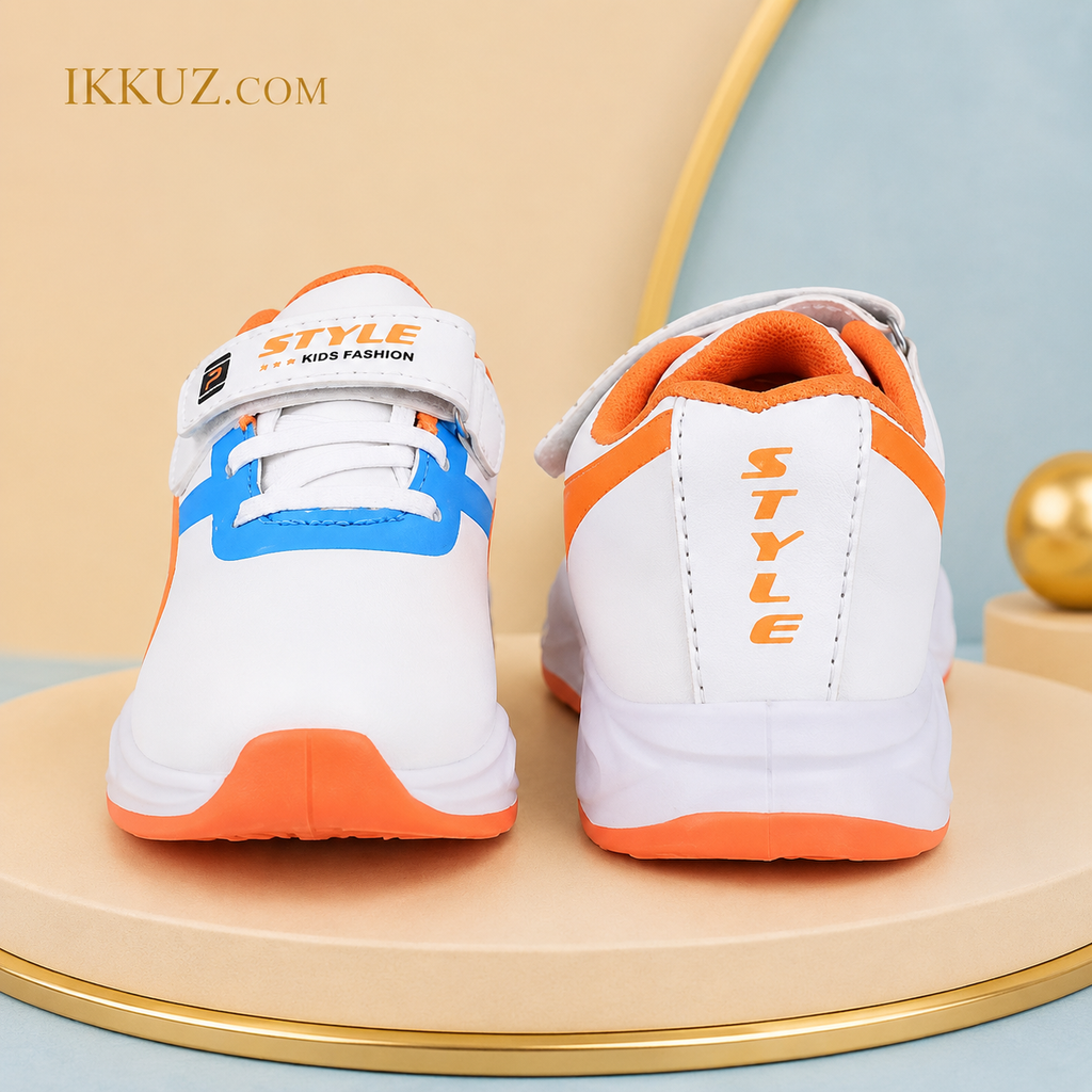 Trend Zone Kids Sporty Flex Sneakers – White, Blue &amp; Orange | Comfortable Colorblock Casual Shoes