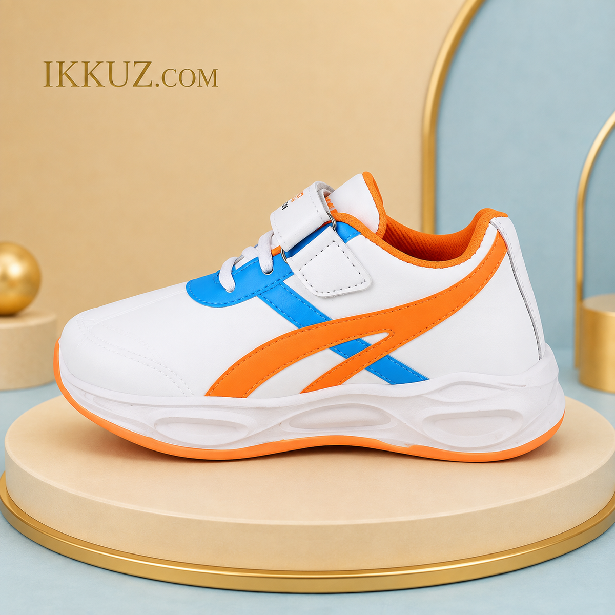 Trend Zone Kids Sporty Flex Sneakers – White, Blue &amp; Orange | Comfortable Colorblock Casual Shoes