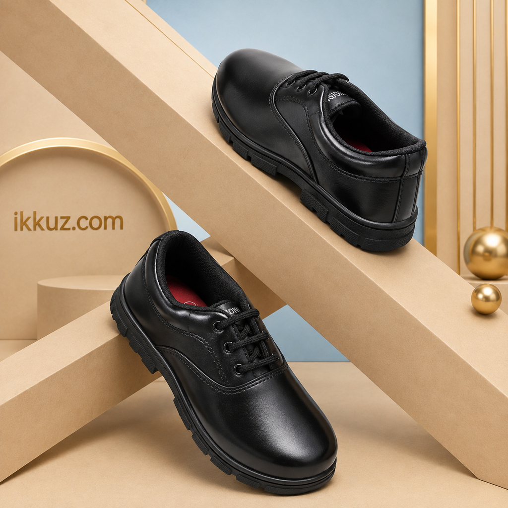 Airaqua Kids Unisex Classic Black School Shoes | Lace-Up Comfortable Lightweight Formal Footwear
