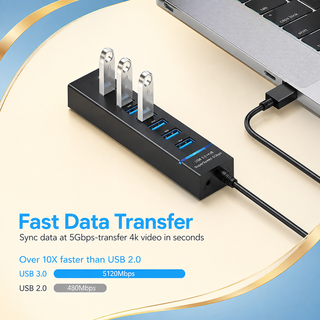 M T 7-Port USB 3.0 Hub for Laptop &amp; PC – High-Speed Multi USB Splitter with 30cm Cable, Plug &amp; Play Expansion Hub – Black