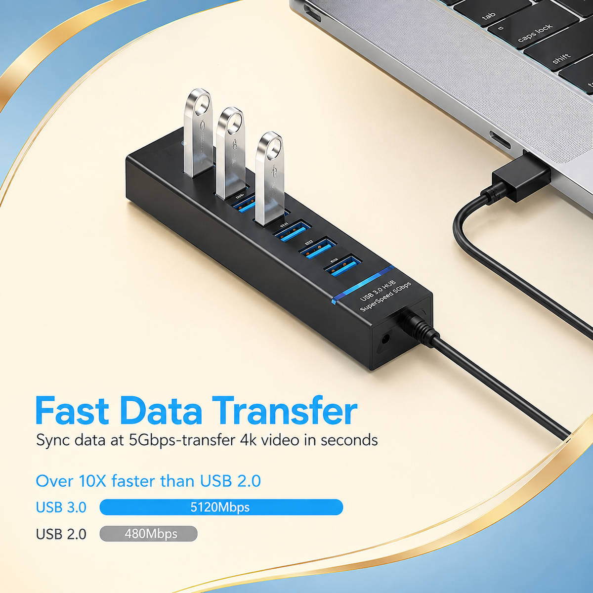M T 7-Port USB 3.0 Hub for Laptop &amp; PC – High-Speed Multi USB Splitter with 30cm Cable, Plug &amp; Play Expansion Hub – Black