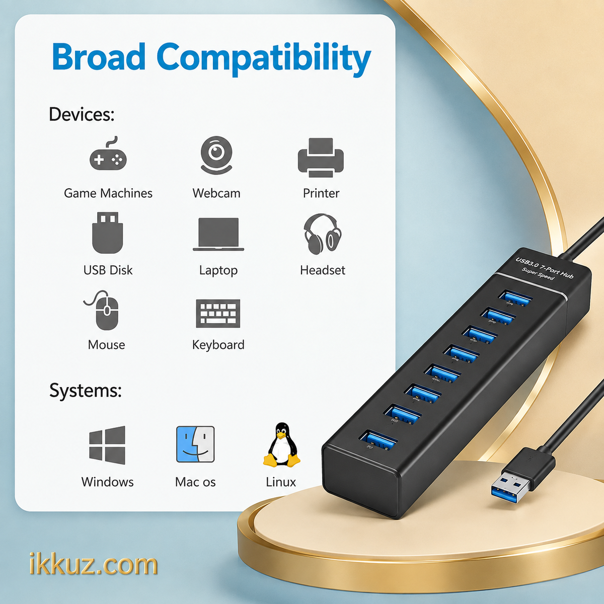 M T 7-Port USB 3.0 Hub for Laptop &amp; PC – High-Speed Multi USB Splitter with 30cm Cable, Plug &amp; Play Expansion Hub – Black