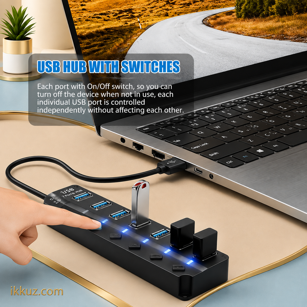 M T 7-Port USB 3.0 Hub for Laptop &amp; PC – High-Speed Multi USB Splitter with 30cm Cable, Plug &amp; Play Expansion Hub – Black